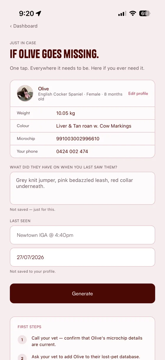 A printable missing-pet poster generated from the pet's profile